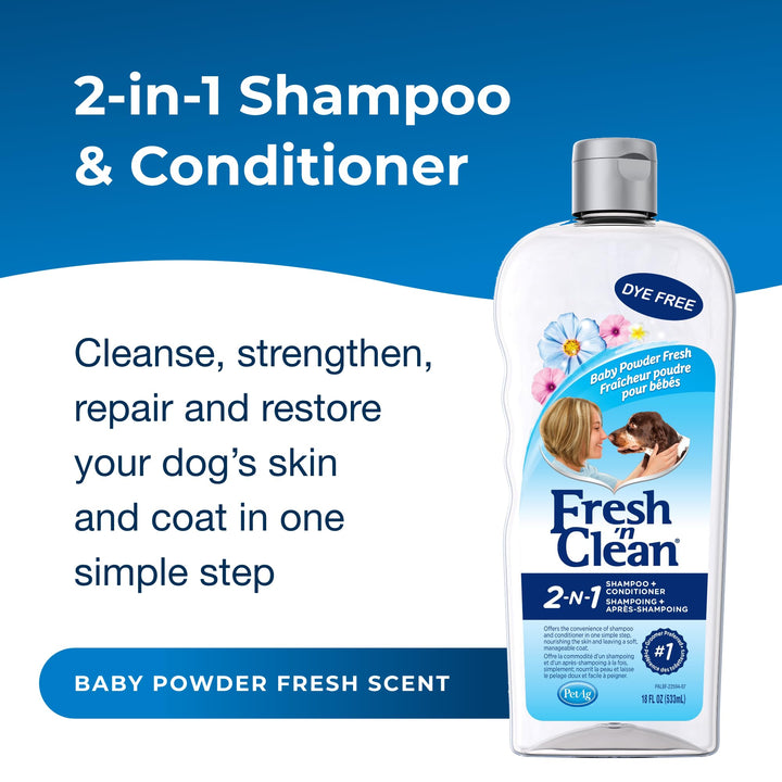 Fresh ’n Clean 2-N-1 Conditioning Shampoo, Baby Powder Scent - 18 oz - Moisturizes with Vitamin E & Aloe Vera - Strengthens & Repairs Coats - Soap Free