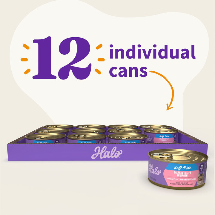 Adult Grain Free Wet Cat Food Soft Pate, Salmon Recipe in Broth, Healthy Cat Food with Real, Whole Salmon, 3 oz Can (Pack of 12)