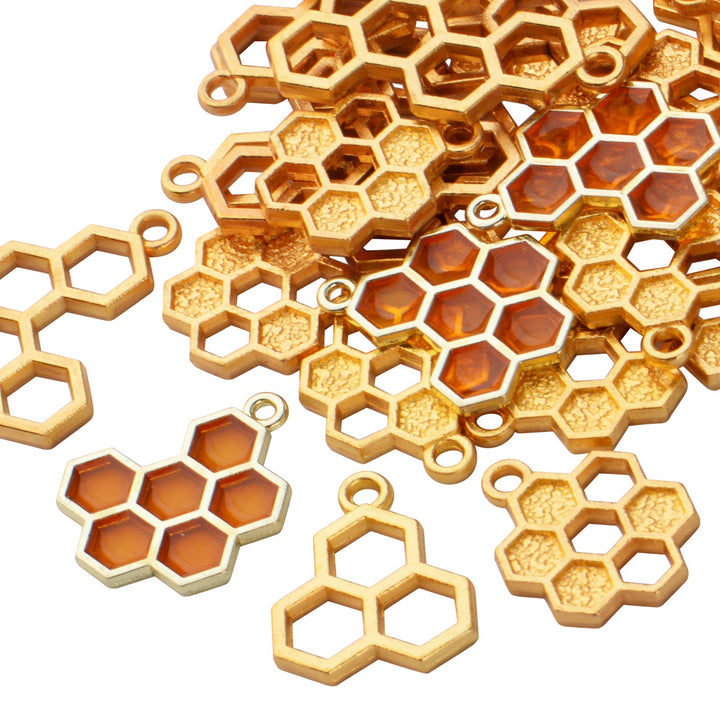 50pcs Enamel Honeycomb Charms Pendants Alloy Bee Honeycomb Open Back Bezel Pendant for Necklace Bracelet DIY Crafts Jewelry Making Accessories