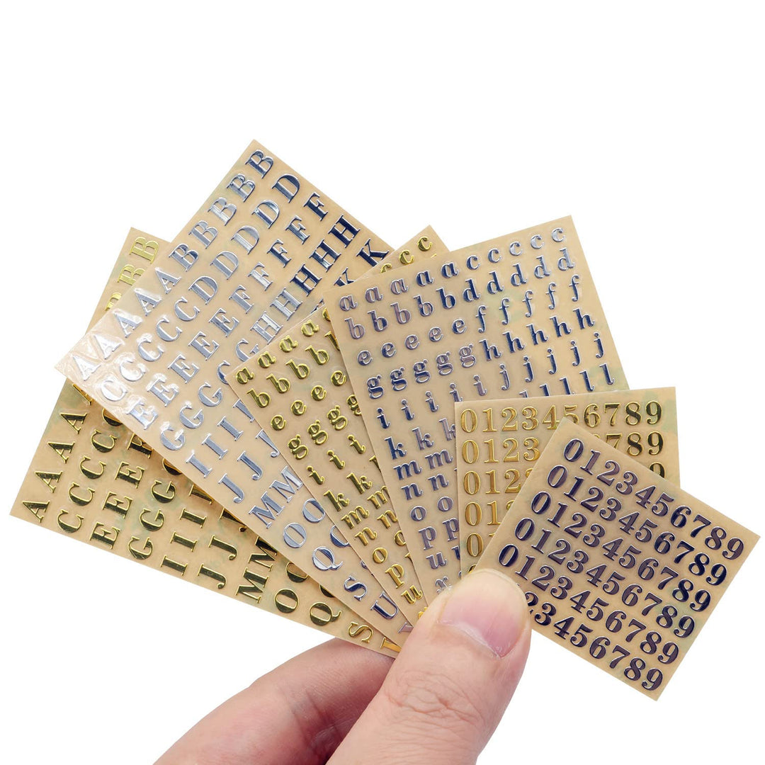 6 Sheets Small 0.18 inch Alphabet Number Stickers Mini Letters Stickers Glitter Alloy Self Adhesive Letters Stickers for Epoxy Resin Casting Decoration DIY Crafts Scrapbook, Gold/Silver (4.5mm)