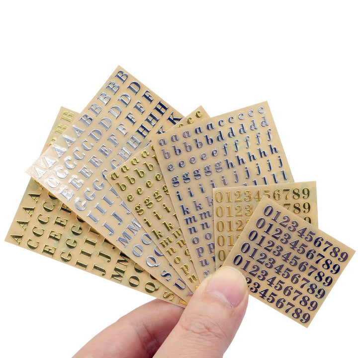 6 Sheets Small 0.18 inch Alphabet Number Stickers Mini Letters Stickers Glitter Alloy Self Adhesive Letters Stickers for Epoxy Resin Casting Decoration DIY Crafts Scrapbook, Gold/Silver (4.5mm)