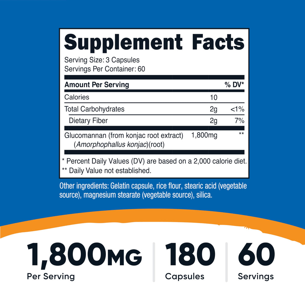 Glucomannan 1,800mg Per Serving, 180 Capsules - Natural Fiber Source, Non-GMO, Gluten Free