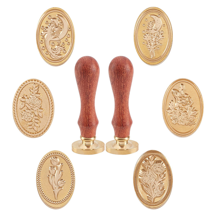 Wax Seal Stamp Set 6PCS Oval Sealing Stamp Heads with 2PCS Universal Wood Handles, 2030mm Brass Stamp Heads Set for Invitations Cards Birthday Gift Decoration