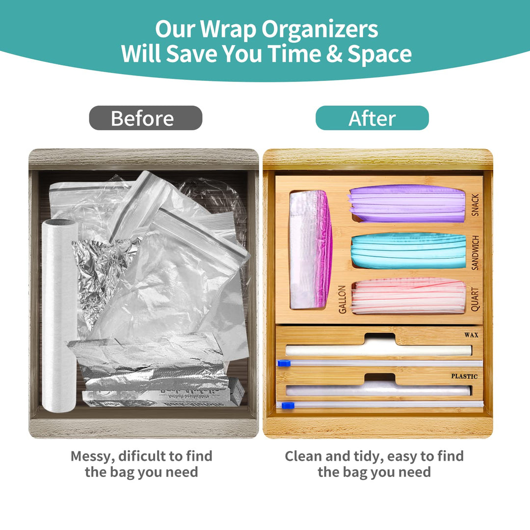 Aluminum Foil Organization and Storage, Wrap Dispenser with Cutter for Saran Wrap, Foil and Wax Paper, Bamboo Holder Compatible 12 Roll (2 Slots)