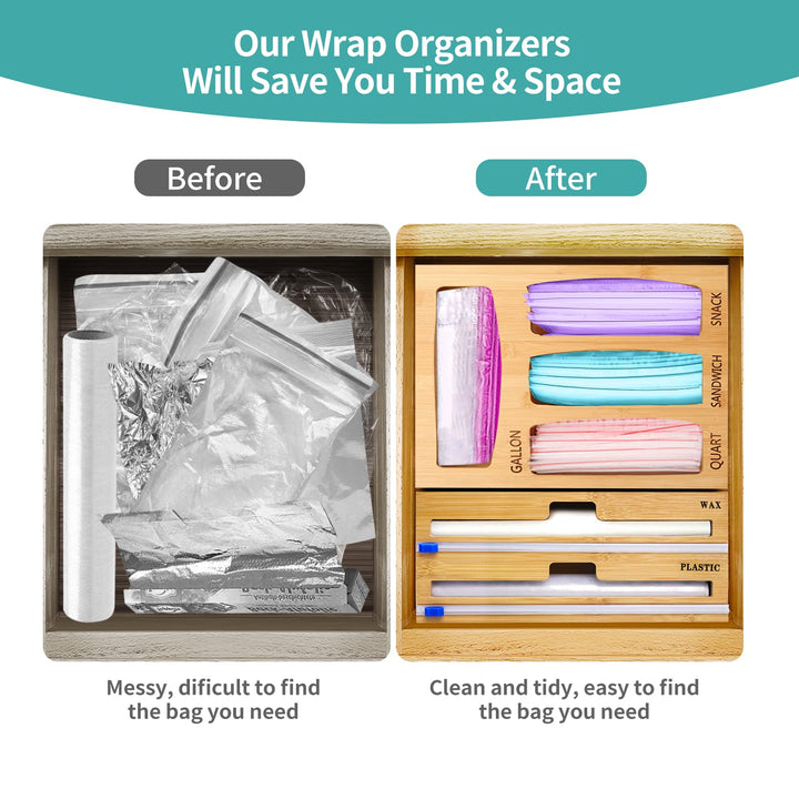 Aluminum Foil Organization and Storage, Wrap Dispenser with Cutter for Saran Wrap, Foil and Wax Paper, Bamboo Holder Compatible 12 Roll (2 Slots)