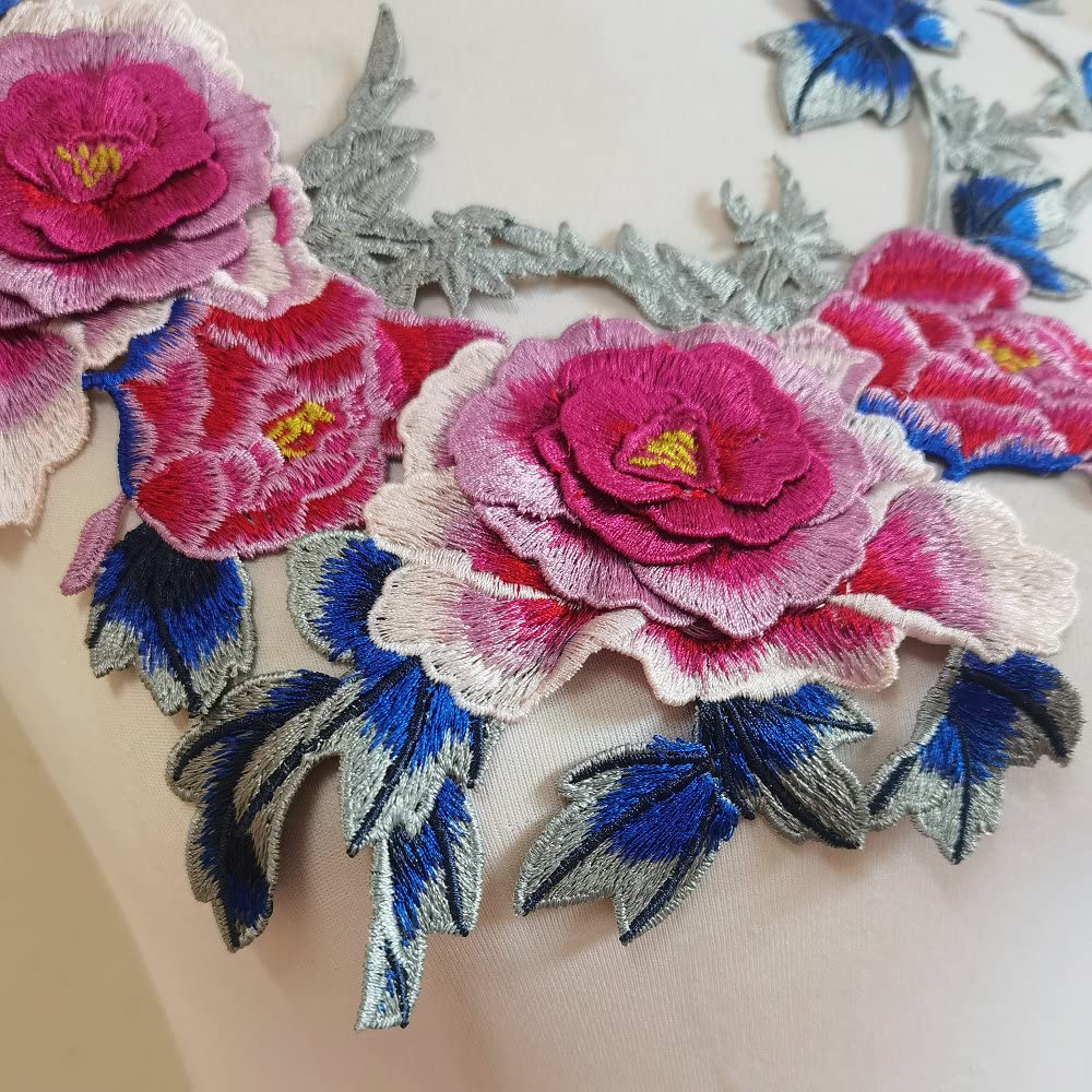 2pcs Beautiful Flowers Embroidered Sewing Applique Patches (Bright Pink C)