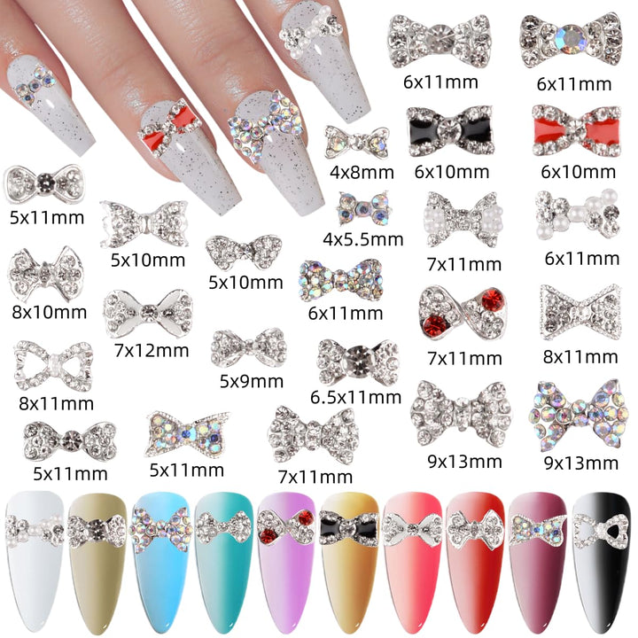 Charms Metal Alloy Silver Gold 3D Nail Art Bow Crown Elk Butterfly Rhinestone Crystal Diamonds Nail Studs Manicure Jewelry for Crafts DIY Nail Art Tip (Bow)