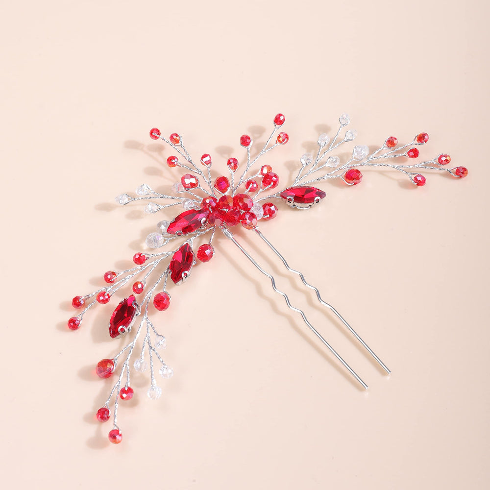Red Crystal Silver Hair Piece for Women and Girls Wedding Bridal Red Hair Jewelry Handmade Boho Hair Accessory (Red)