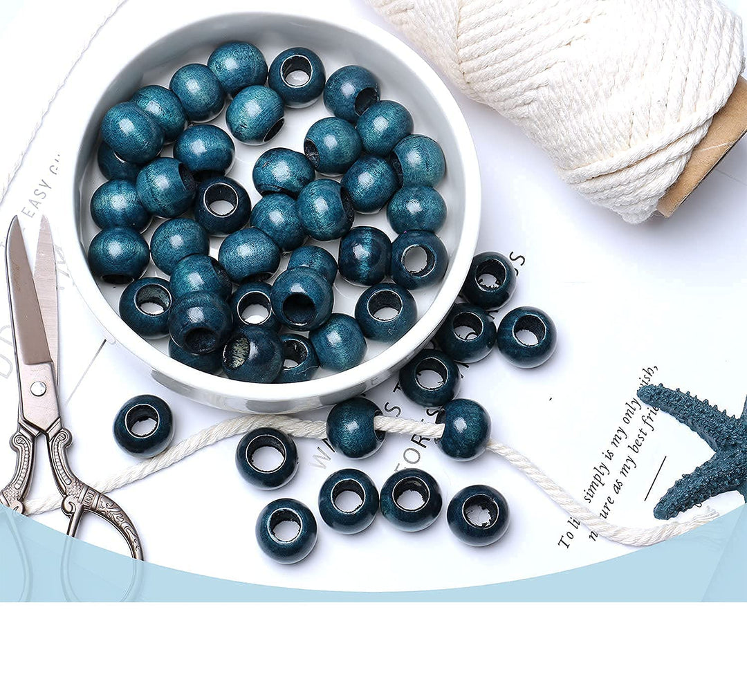 20mm Wooden Beads Macrame Beads with 10mm Large Hole Wood Macrame Beads Round Spacer Loose Beads Bulk for Jewelry Making Garland Decor Home Wall Hanging Craft (Blue)