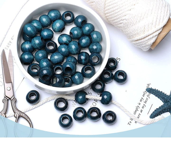20mm Wooden Beads Macrame Beads with 10mm Large Hole Wood Macrame Beads Round Spacer Loose Beads Bulk for Jewelry Making Garland Decor Home Wall Hanging Craft (Blue)