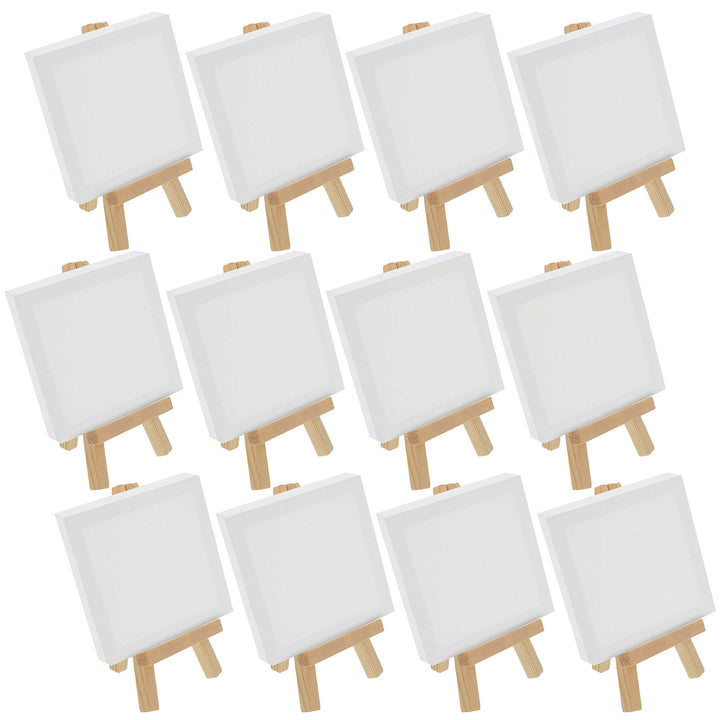 3 x 3 Stretched Canvas with 5 Mini Natural Wood Display Easel Kit (Pack of 12), Artist Tripod Tabletop Holder Stand - Painting Party, Kids Crafts, Oil Acrylic Paints, Signs, Photos