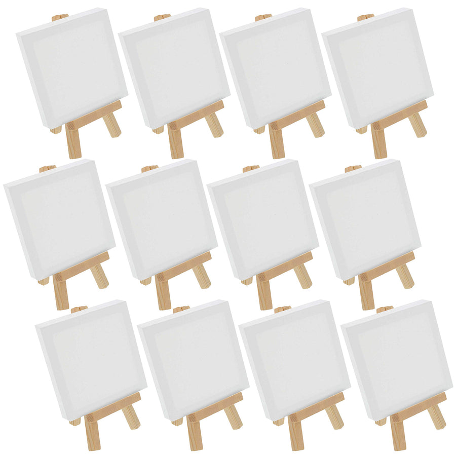 3 x 3 Stretched Canvas with 5 Mini Natural Wood Display Easel Kit (Pack of 12), Artist Tripod Tabletop Holder Stand - Painting Party, Kids Crafts, Oil Acrylic Paints, Signs, Photos