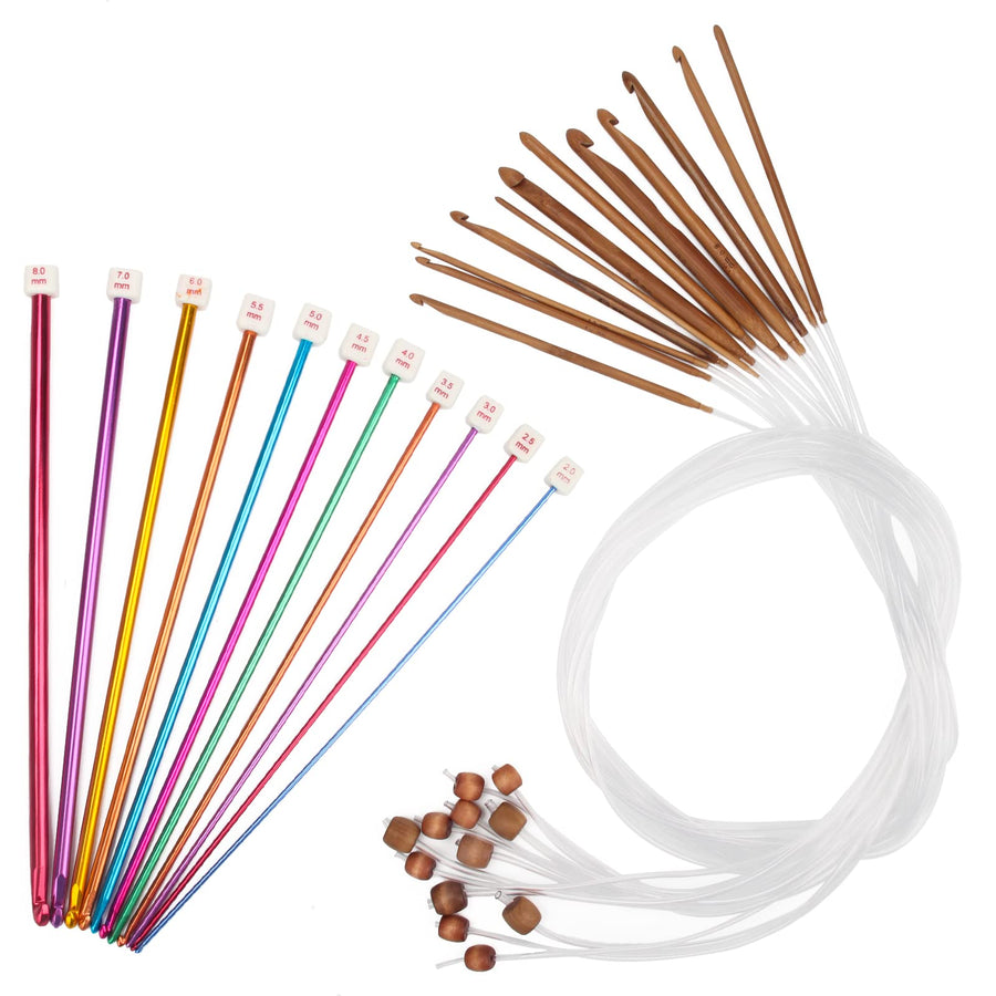 Tunisian Crochet Hooks Set 23 Pcs, 12P 3-10mm Bamboo Knitting Needle with Extend Braided Tube, Anti-Slip Bead Bamboo Crochet Hook 11P 2-8mm Aluminum Crochet Hook Needle Hook Sets (Transparent)
