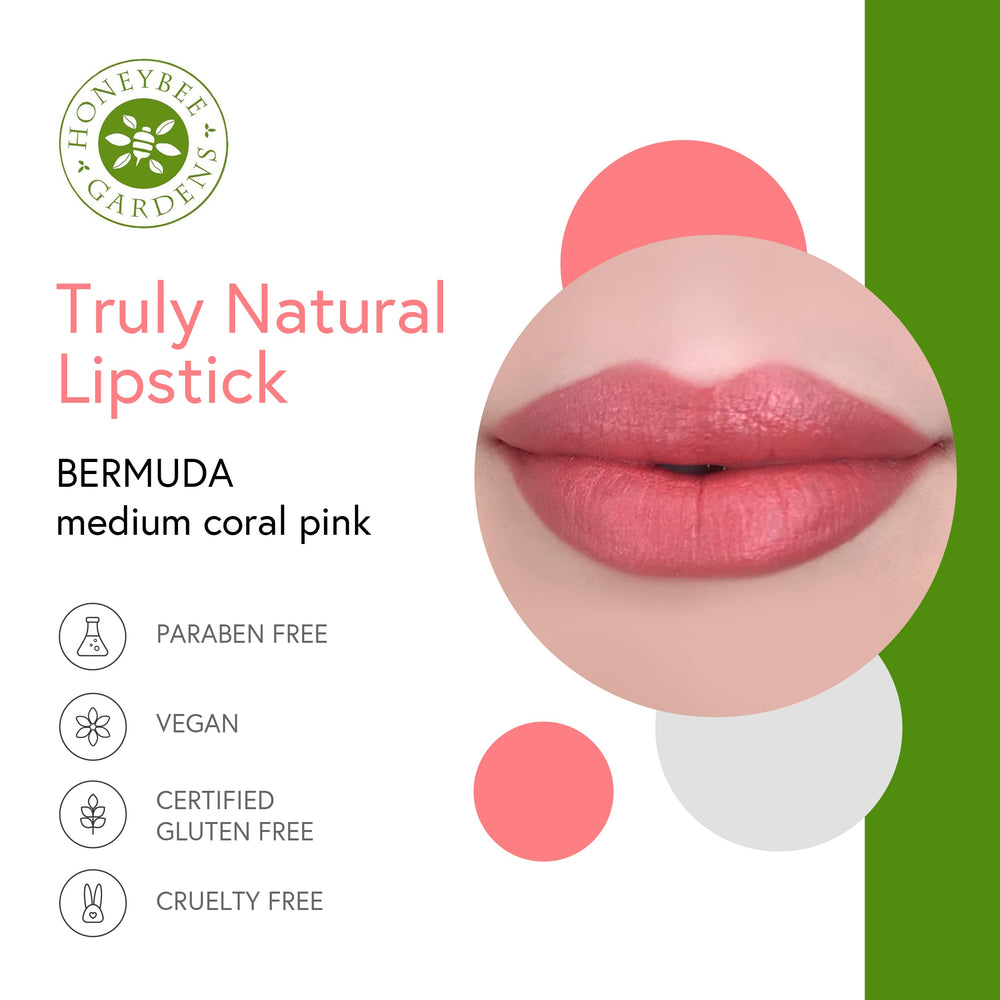 Truly Natural Long Lasting Lipstick, Bermuda, Matte Medium Coral Pink, Naturally Hydrating & Nourishing, Vegan, Gluten-Free & Cruelty-Free, 0.13 oz / 3.8 g