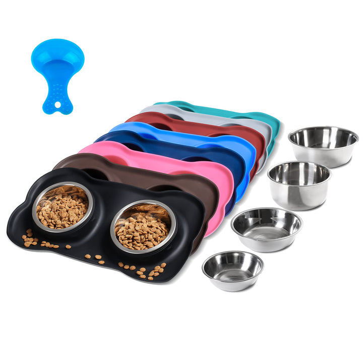 Pet Dog Bowls 2 Stainless Steel Dog Bowl with No Spill Non-Skid Silicone Mat + Pet Food Scoop Water and Food Feeder Bowls for Feeding Small Medium Large Dogs Cats Puppies (S, Black)