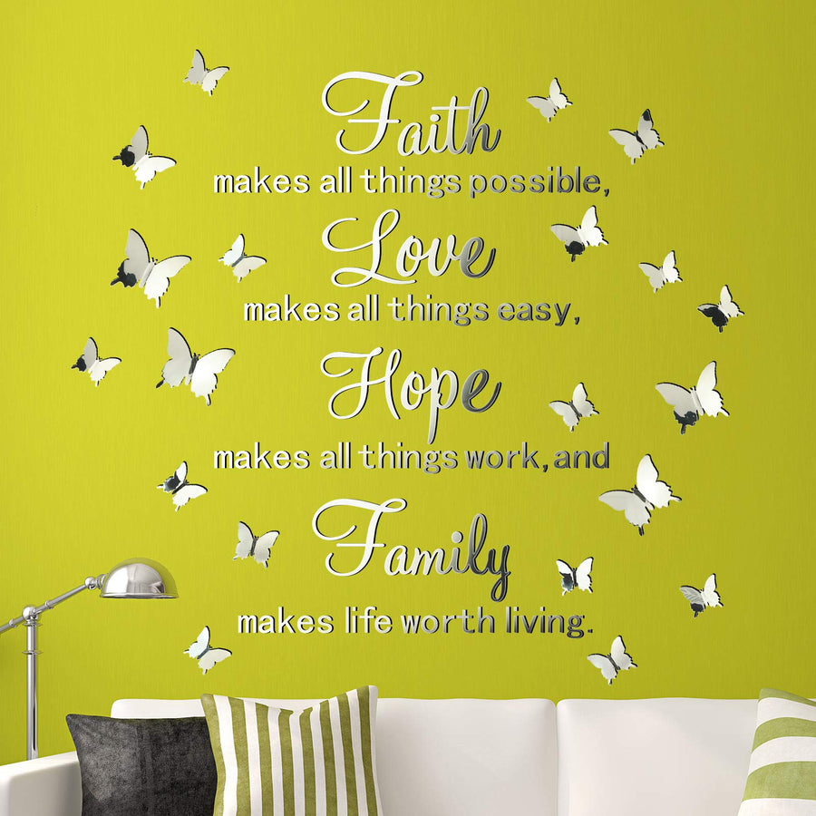 3D Acrylic Mirror Wall Decor Stickers Removable Butterfly Mirror Wall Stickers DIY Faith Makes All Things Possible for Home Office School Teen Dorm Room Mirror Wall Decoration (Silver)