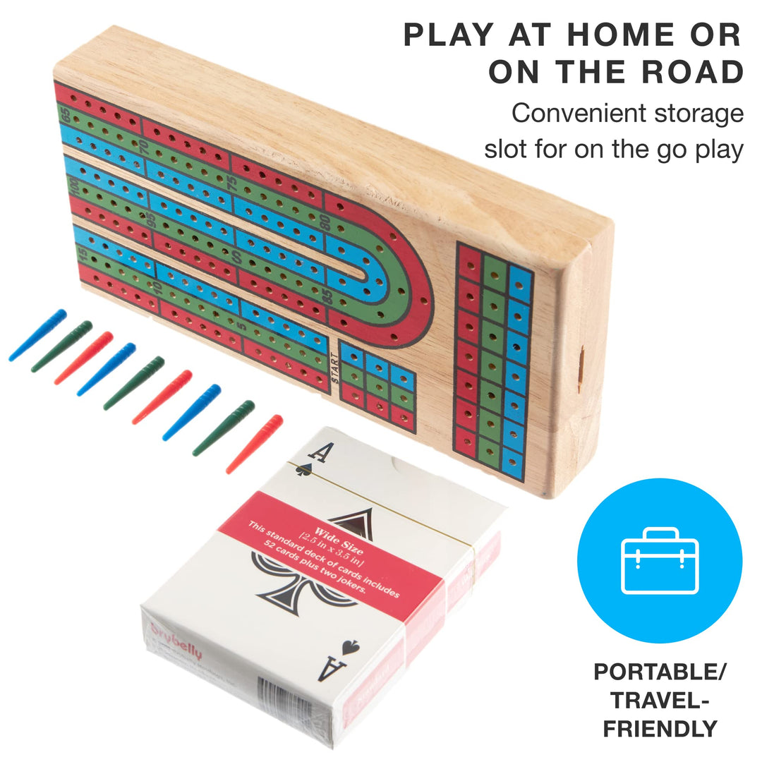 Cribbage Board Game Set - Traditional Wooden Board Game, Classic 3-Track Layout, Plastic Pegs - Standard Deck of Playing Cards Included - Folding Portable Storage