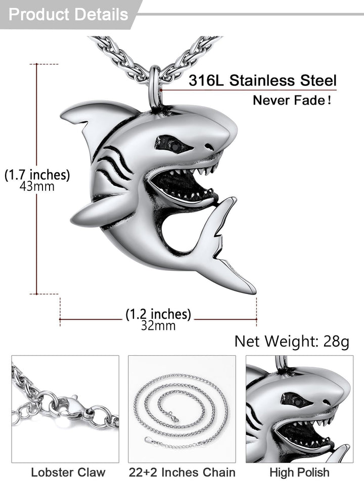 Punk Shark Pendant Animal Jewelry with Stainless Steel Chain 22 Inch