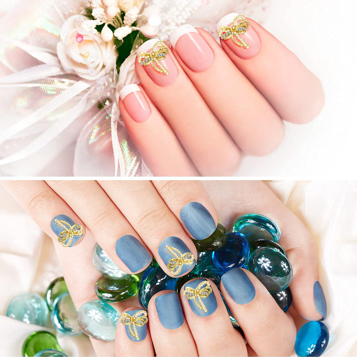 15pcs Bows Nail Art Decoration, 3D Bow Nail Rhinestones and Pearl Charms Gold Crystal Art Accessories for Women Girls DIY Long Nail Design ï¼Ë†0.53in x 0.53inï¼â€°