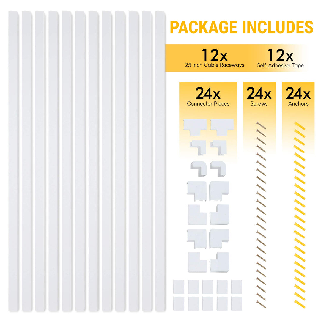 Simple Cord Cable Concealer On-Wall Cord Covers - 12, 25” Raceways – 300” Total Cable Management System Hides Cables, Cords, Wires for Wall TVs, Computers – White