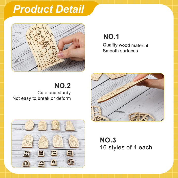 64 Pcs Fairy Door Mini Wooden Garden Doors Unfinished DIY Craft Fairy House Kit Unpainted Wood Miniature Door Blank Fairy House Doors and Windows for Home Office Wedding Party Decoration Accessories