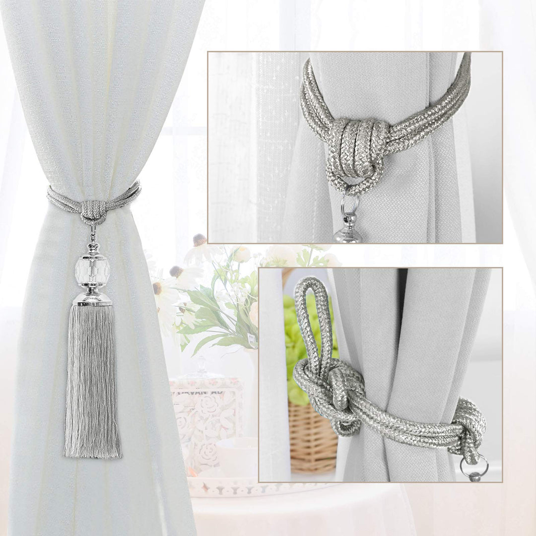 Curtain Tiebacks Rope Tassel Tieback Crystal Curtain Holdbacks Silver for Drapes Decorative Drapery Tassels Decoration Braided Tie Backs Curtain Holder 2 Pack