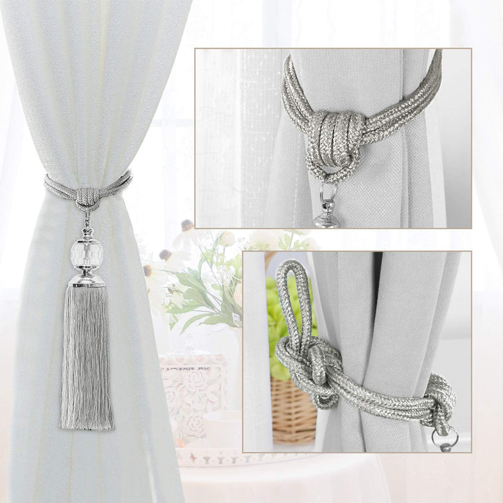 Curtain Tiebacks Rope Tassel Tieback Crystal Curtain Holdbacks Silver for Drapes Decorative Drapery Tassels Decoration Braided Tie Backs Curtain Holder 2 Pack