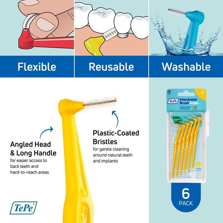Interdental Brush Angle, Angled Dental Brush for Teeth Cleaning, Pack of 6, 0.7 mm, Medium Gaps, Yellow, Size 4