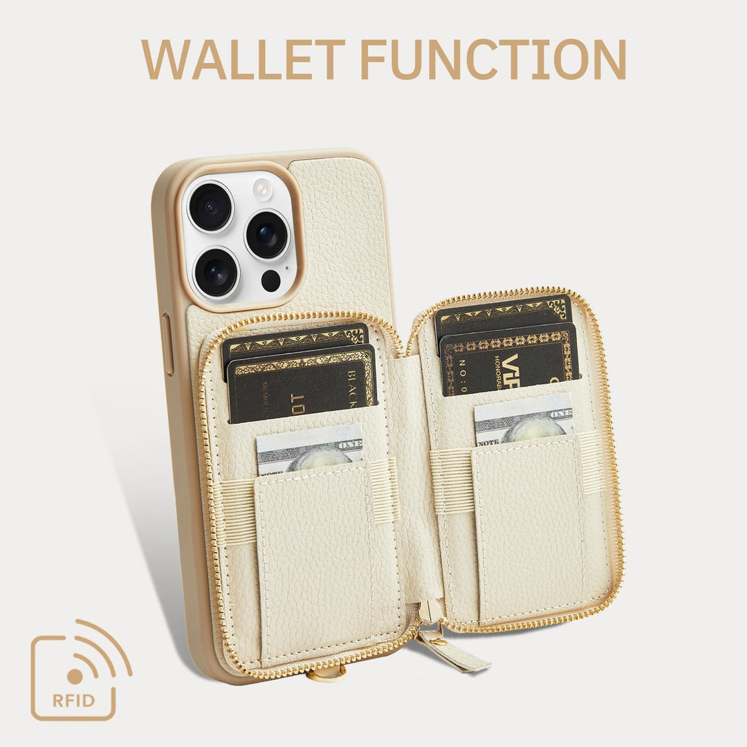 for iPhone 13 ProMax Wallet Case with Wrist Strap, Zipper Phone Case with RFID Blocking Card Holder Leather Purse Case for Women Cover for iPhone 13 Pro Max 6.7(2021)- Rose Gold