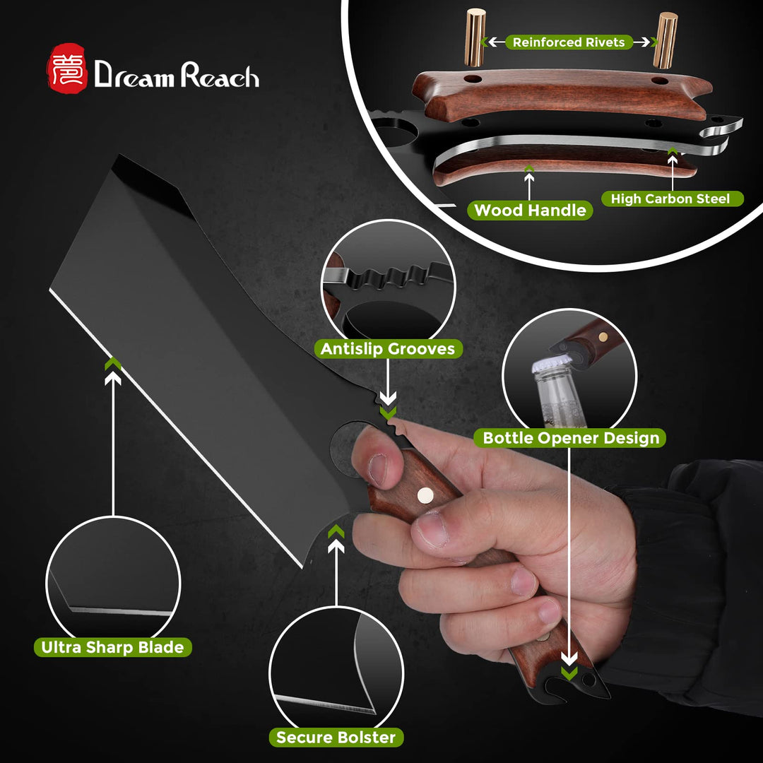 Meat Cleaver, 6.9 inch Black Boning Knife, High Carbon Steel Sharp Kitchen Forged In Fire Knife with Sheath Gift Box Bottle Opener for Outdoor Camping