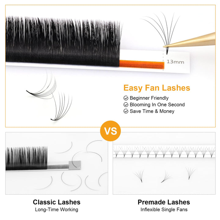 Easy Fan Eyelash Extensions Volume Lash 0.07 C curl 13mm Rapid Blooming Faux Mink Cluster For Beginners Soft Professional Lash Supplies
