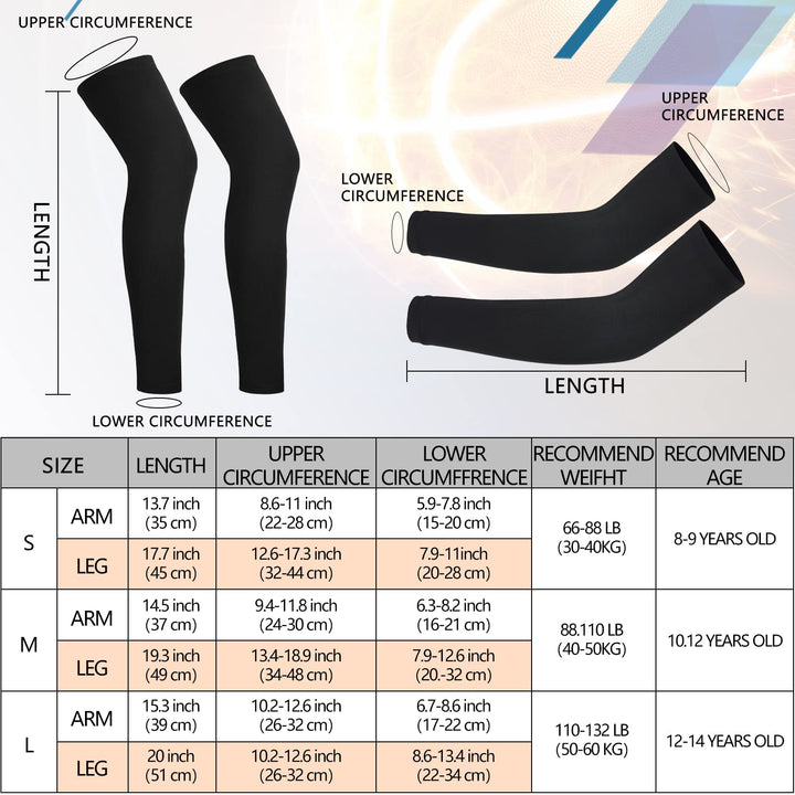 4 Pairs Kids Leg Sleeves Compression and Arm Sleeves Youth Leg Sleeves Arm Wraps for Cycling Basketball Sports (Black, Medium)