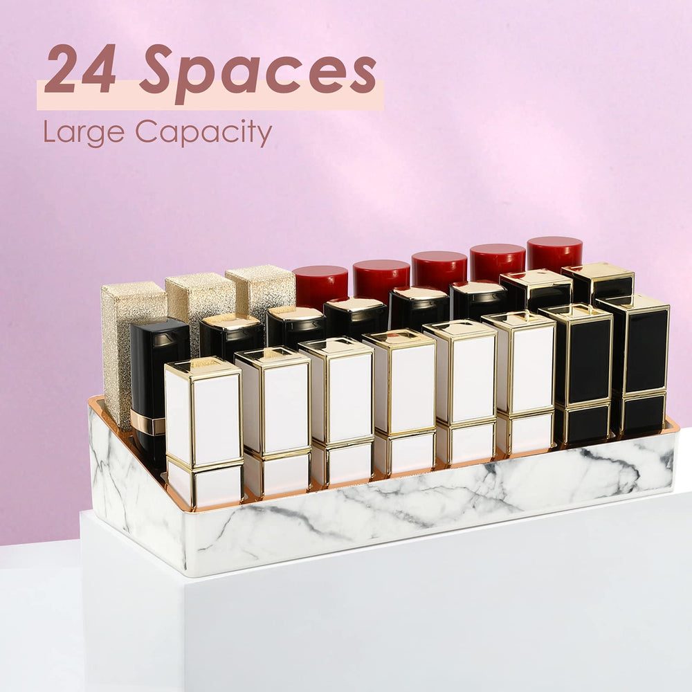 Lipstick Holder, 24 Slots Marble Lipstick Organizer Display Stand with Unique Gold-stamping Edges, Cosmetics Storage Display Case for Lipstick, Lip Gloss, Brushes, White Marble (P723314097671)