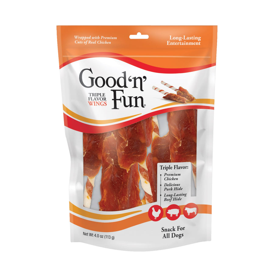Good ‘n’ Fun Triple Flavor Wings Chews for All Dogs, Treat Your Dog to Long-Lasting Chews Made with Chicken, Pork Hide and Beef Hide, , 4 Ounces