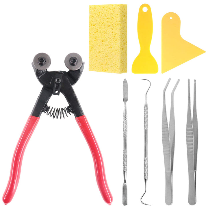 8 Pieces Mosaic Tools Set Including 200mm Heavy Duty Glass Mosaic Cut Nippers, 2 Scrapers, 2 Tweezers, 1 Double-EndedHook, 1 Spatula, 1 Sponge
