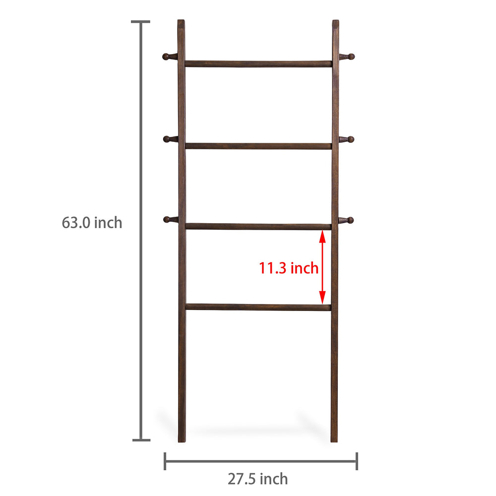 63 Inch Wooden Blanket Ladder, Dark Brown Quilt Towel Holder Rack, Wall Leaning 4 Rungs and 6 Pegged Hooks Farmhouse Decorative Furniture