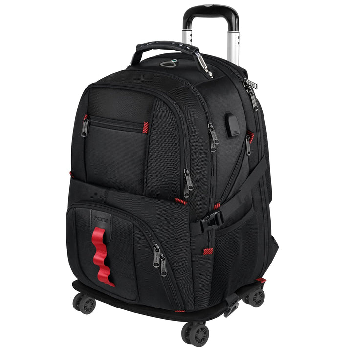 Rolling Backpack with Wheels, Backpack on Wheels for Adults with USB Charging Port, 17 inch Wheeled Roller Laptop Backpack for Travel Business College, Gifts for Men Women, Black