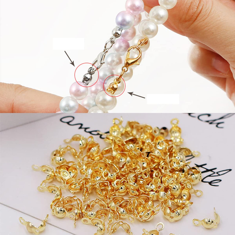 500 Pieces Crimp Beads Calotte Ends Knot Covers for DIY Bracelet Jewelry Making, 5 Colors Clamshell Fold-Over Metal Plated Open Bead Tips Endcaps