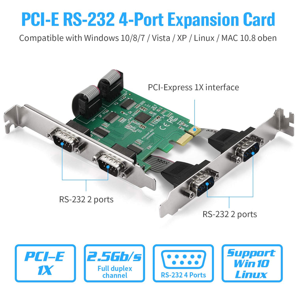 PCI-Express PCIe Expansion Card - 1X Serial COM interfaces - COM Port RS232 Interface - Adapter Converter Card, RS-232 Module with 4 Connections, 18-pin