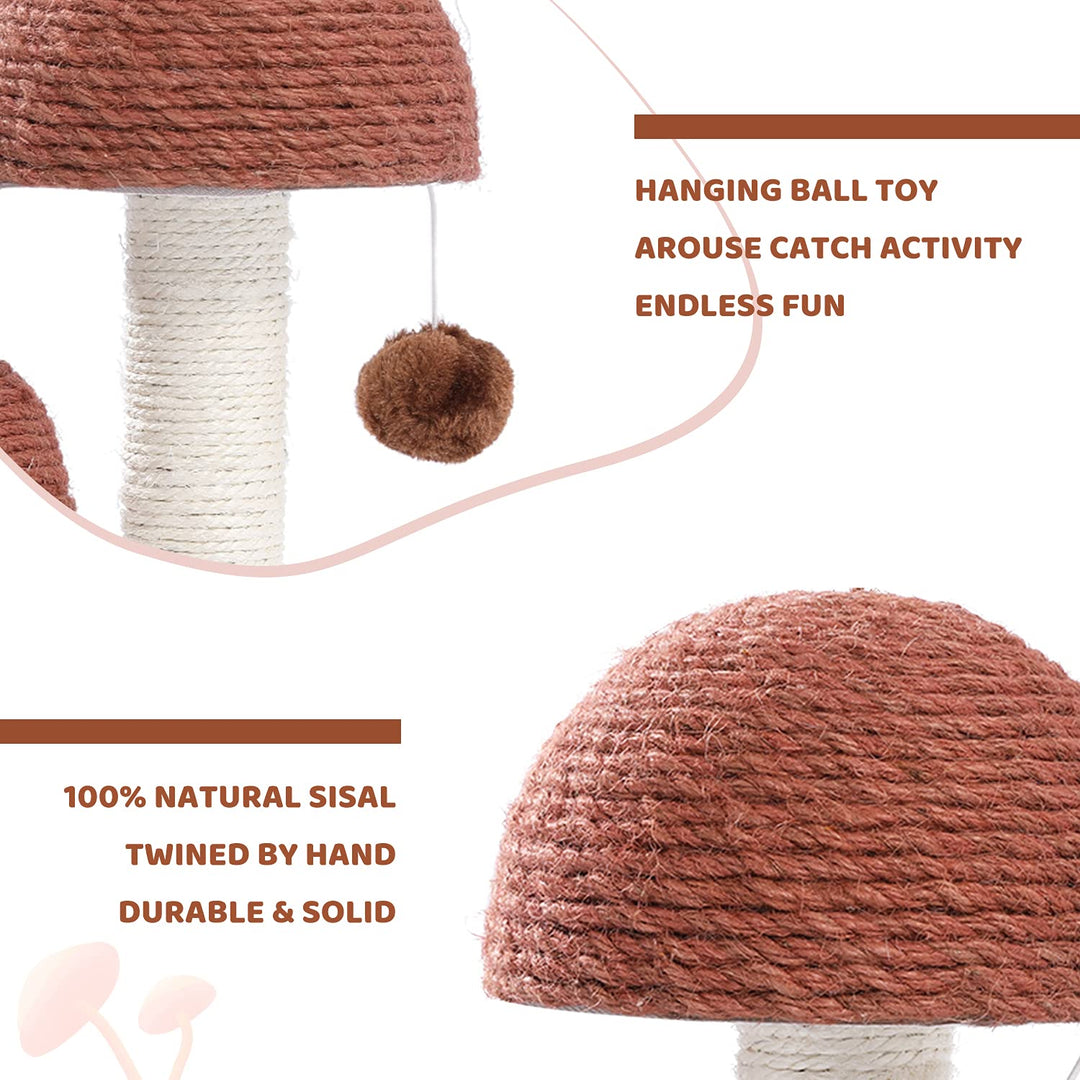 Cat Scratching Post, Mushroom Tall Cat Scratcher Featuring with Natural Sisal Scratching Poles and Interactive Toy Ball for Kittens and Small Cats (Brown)