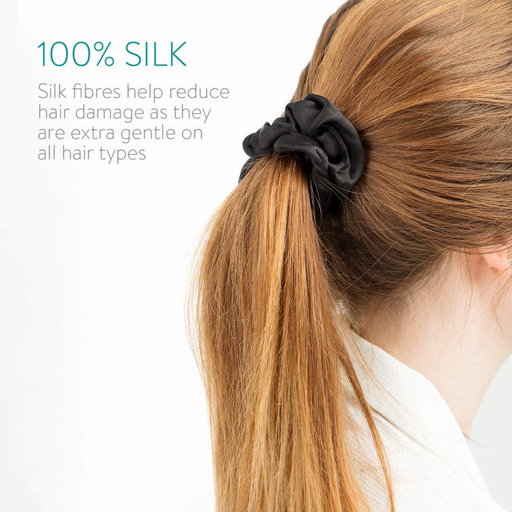 2 Pack Large Scrunchies for Hair - 100% Pure Silk Elastic Band Scrunchie Ponytail Holder Set for Women, Girls with All Hair Types - Black