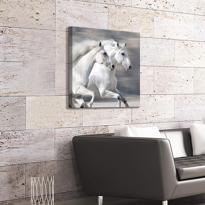 White Horse Picture Wall Art: Running Animal Artwork Painting Print on Wrapped Canvas for Living Room or Office (24'' x 24'')