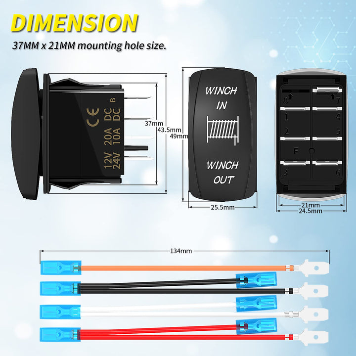 Joinfworld Winch Switch Winch in Winch Out Momentary ON/Off/ON 7 Pin Winch Rocker Switch Toggle 3 Way 20A 12V 10A 24V DC Waterproof Blue for ATV UTV Polaris Automotive Marine Boat, DR-A11L27GBL/LJ56