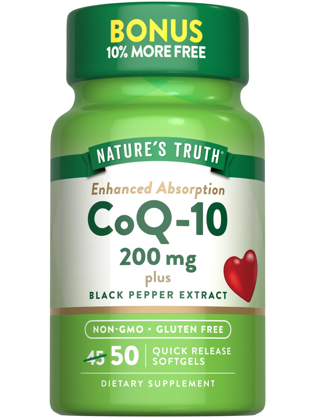 Nature's Truth CoQ10 200 mg Softgels | 50 Count | Enhanced Absorption Supplement | Plus Black Pepper Extract | Non-GMO, Gluten Free