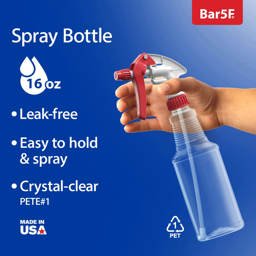 BAR5F Empty Plastic Spray Bottles 16 oz, BPA-Free Food Grade, Crystal Clear PETE1, Red/White N8 Fully Adjustable Sprayer (Pack of 2)