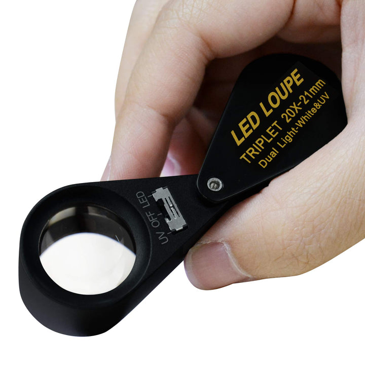 20x Magnifier Jewelry Loupe LED UV 21mm Triplet Lens Optical Glass, Pocket Gem Magnifying Tool Jeweler, Stamp Philatelist, Coin Numismatic