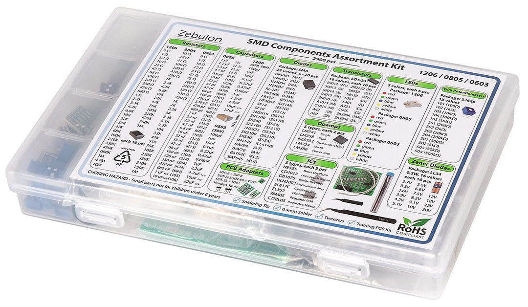 2900 pcs SMD 1206 0805 0603 Component Assortment, Resistor, Capacitor, Diode, Transistor, OpAmp, IC, Solder, PCB, SMT Soldering Assorted Kit
