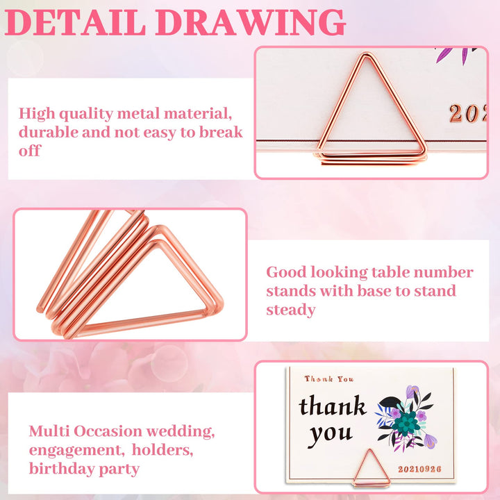 60 Pieces Table Number Holder Place Card Holder Christmas Party Wedding Triangle Shape Table Card Holder Photo Picture Holder Stand Clip for Wedding Baby Shower, Suitable for Small Card(Rose Gold)