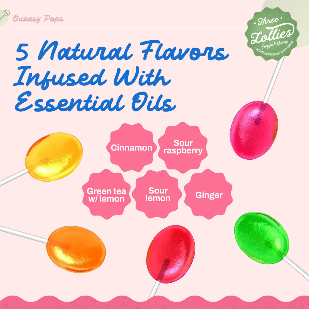 Queasy Pops | Nausea (Chemo, Motion Sickness etc.) | Drug Free & Gluten Free | 7 Flavors: Green Tea with Lemon, Ginger, Peppermint & More, 7 Count (Pack of 3)