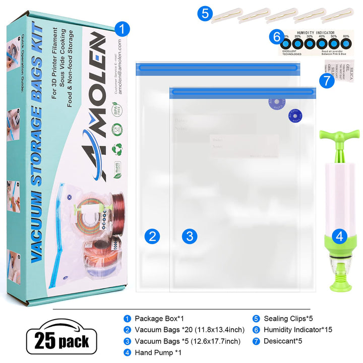 Filament Storage Bag Vacuum Kit with Two Sizes - 51 PCS Cleaning Drying Sealed 25 Bags for 3D Printer Filament with Desiccants/Humidity Indicator Cards/Clips/Hand Pump